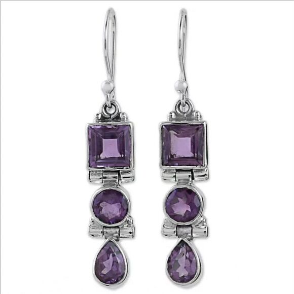 Three Stone Faceted Amethyst 925 Sterling SIlver Dangle Earrings - Picture 6 of 15